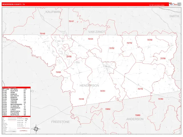 Henderson County, TX ZIP Code Wall Map, RedLine style