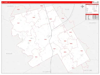 Hill County, TX RedLine style ZIP Code wall map
