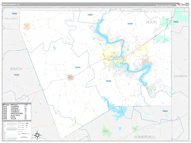 Hood County, TX ZIP Code Wall Map, Classic style