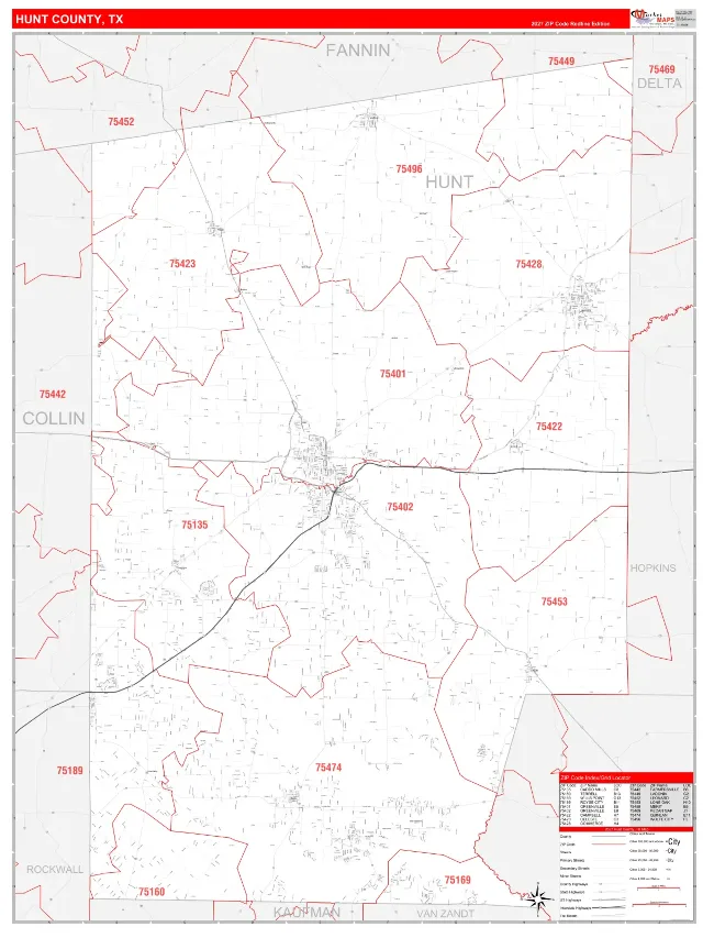 Hunt County, TX ZIP Code Wall Map, RedLine style