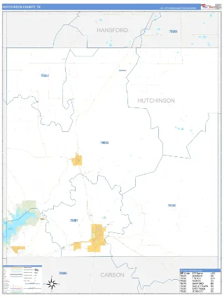 Hutchinson County, TX Business Reference style ZIP Code wall map