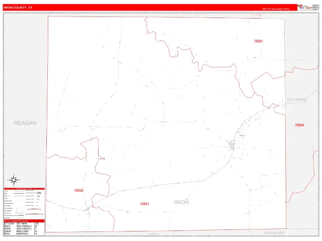 Irion County, TX ZIP Code Wall Map, RedLine style