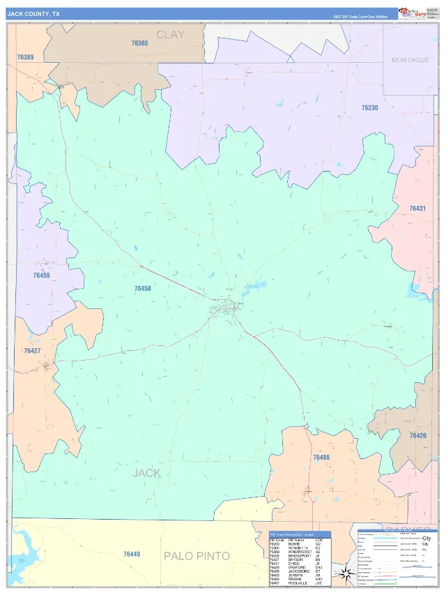 Jack County, TX ZIP Code Wall Map, ColorCast style