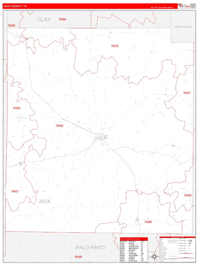 Jack County, TX ZIP Code Wall Map, RedLine style