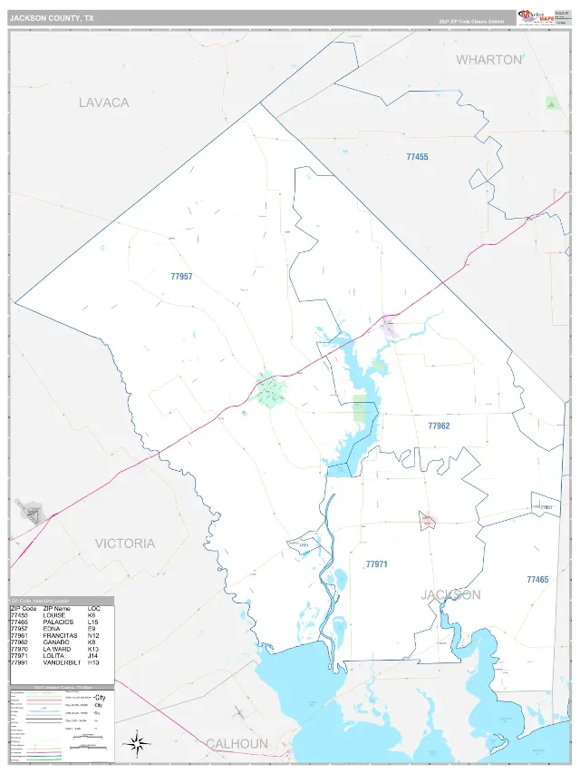 Jackson County, TX ZIP Code Wall Map, Classic style