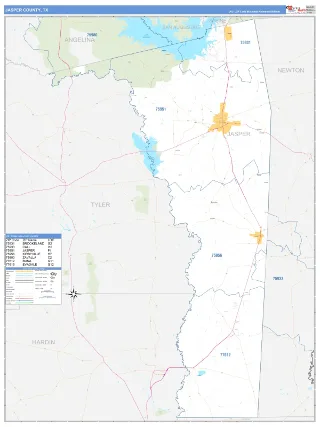 Jasper County, TX Business Reference style ZIP Code wall map