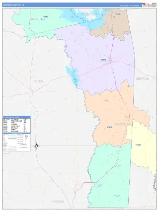 Jasper County, TX ColorCast style ZIP Code wall map