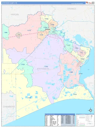 Jefferson County, TX ColorCast style ZIP Code wall map