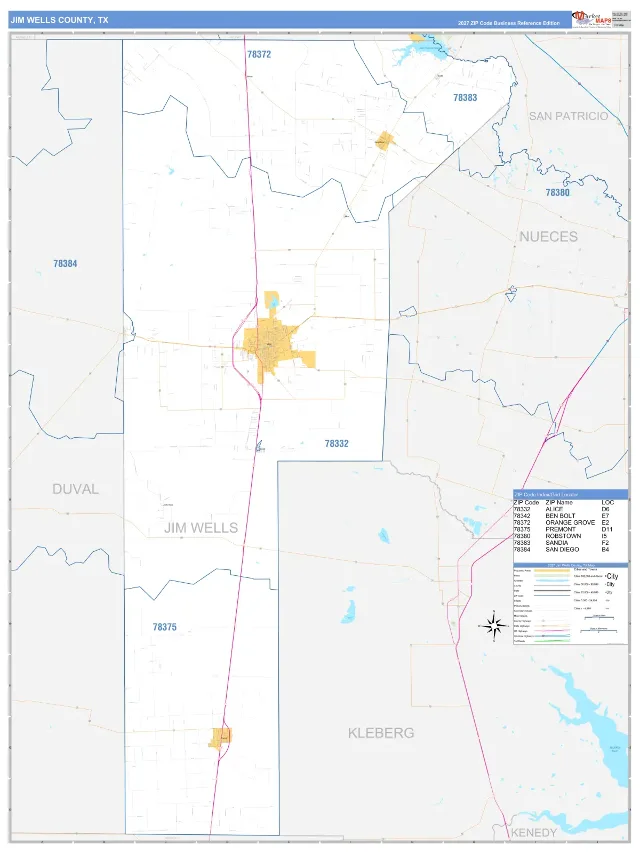 Jim Wells County, TX ZIP Code Wall Map, Business Reference style