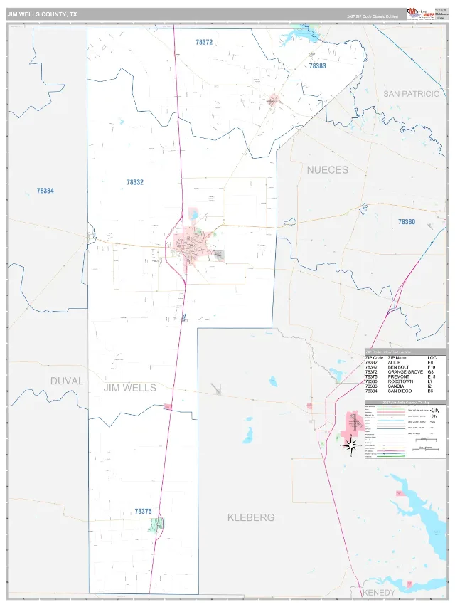 Jim Wells County, TX ZIP Code Wall Map, Classic style