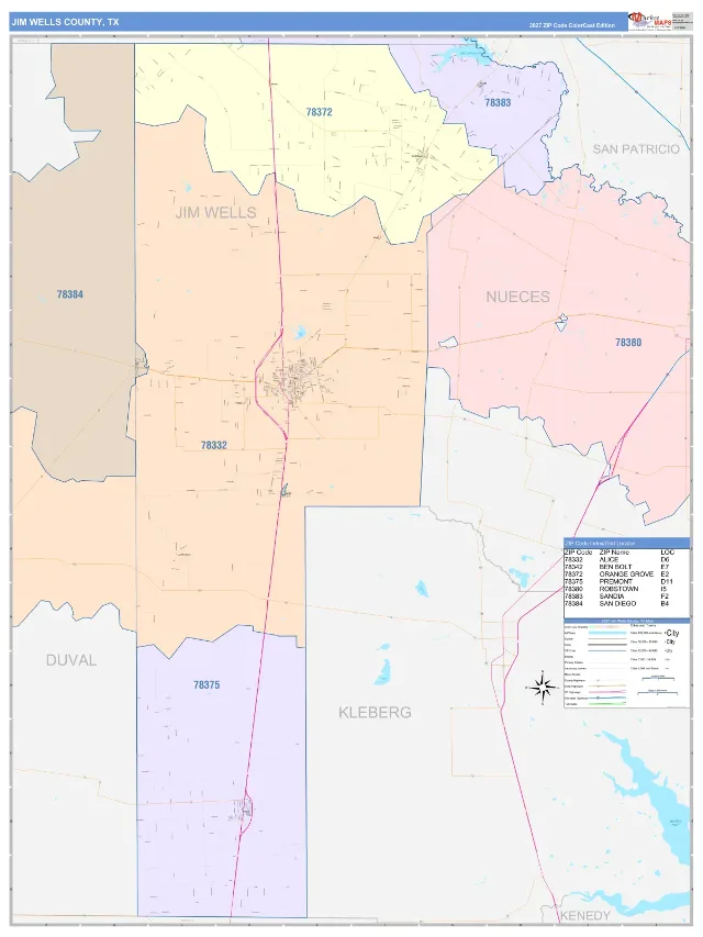 Jim Wells County, TX ZIP Code Wall Map, ColorCast style
