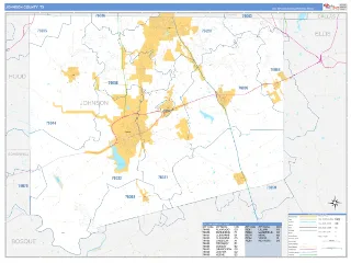 Johnson County, TX Business Reference style ZIP Code wall map
