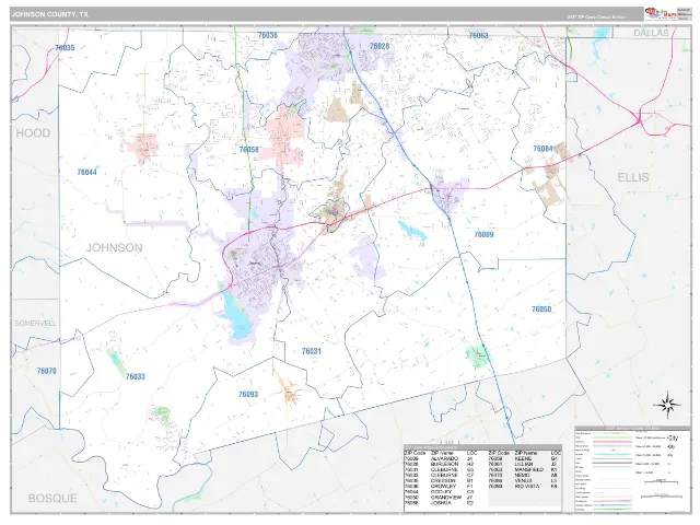Johnson County, TX ZIP Code Wall Map, Classic style