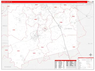 Johnson County, TX RedLine style ZIP Code wall map