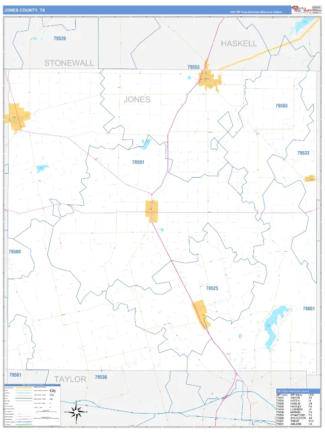 Jones County, TX ZIP Code Wall Map, Business Reference style