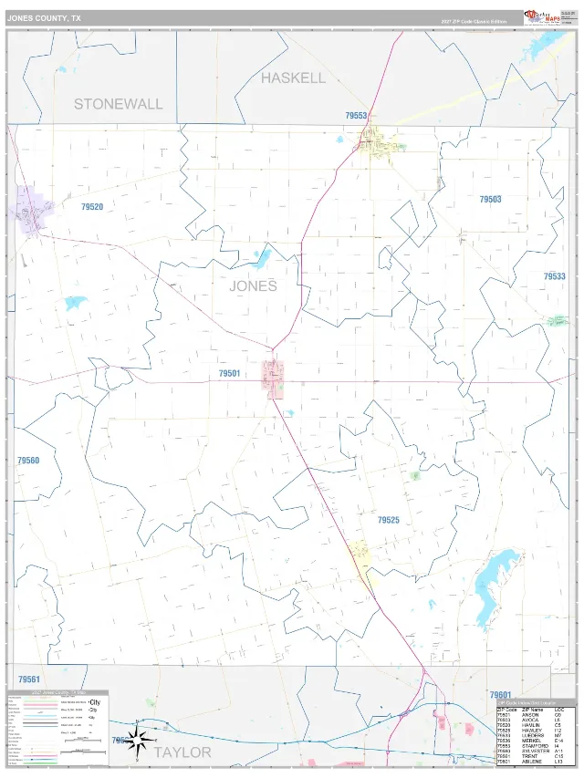 Jones County, TX ZIP Code Wall Map, Classic style