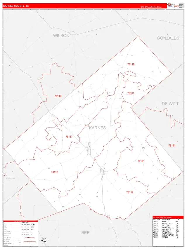 Karnes County, TX ZIP Code Wall Map, RedLine style