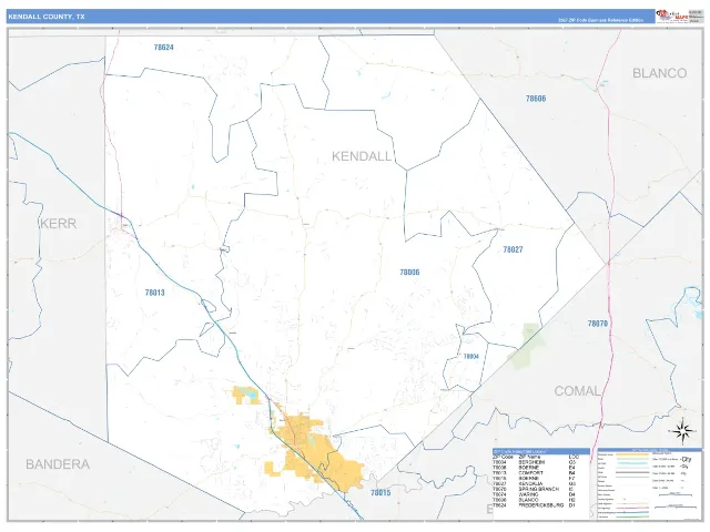 Kendall County, TX ZIP Code Wall Map, Business Reference style