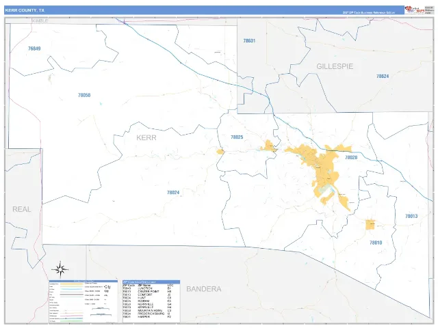 Kerr County, TX ZIP Code Wall Map, Business Reference style