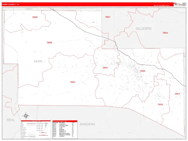 Kerr County, TX ZIP Code Wall Map, RedLine style