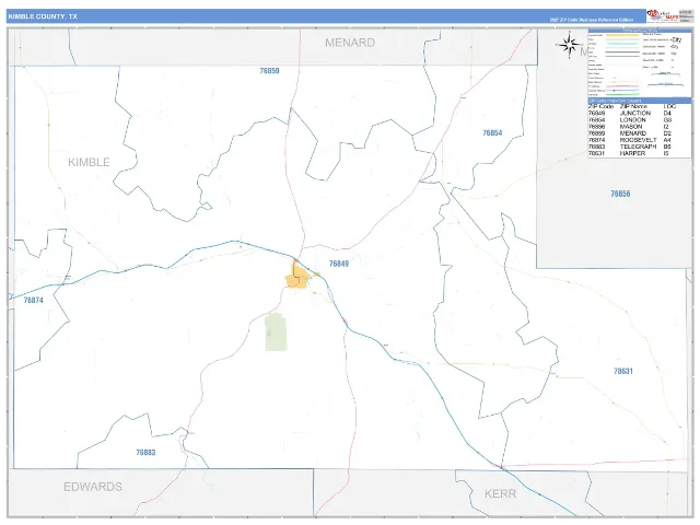 Kimble County, TX ZIP Code Wall Map, Business Reference style
