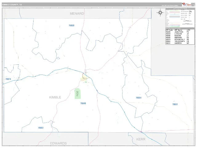 Kimble County, TX ZIP Code Wall Map, Classic style