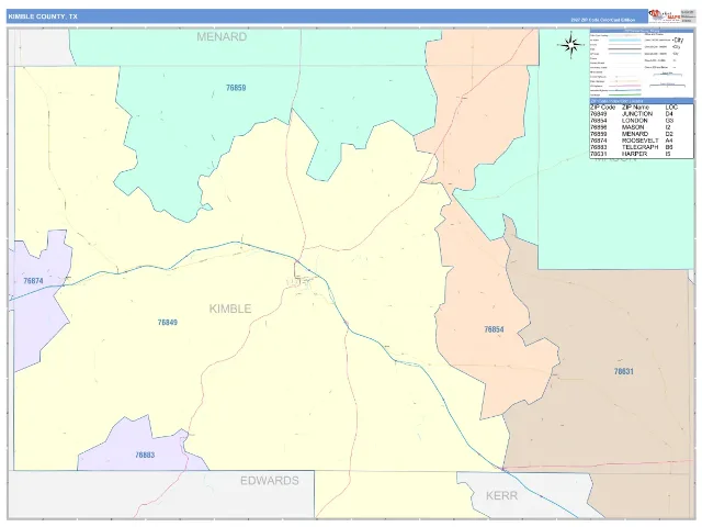 Kimble County, TX ZIP Code Wall Map, ColorCast style