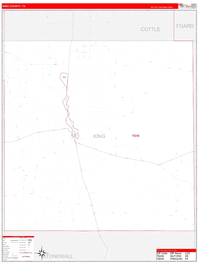 King County, TX ZIP Code Wall Map, RedLine style