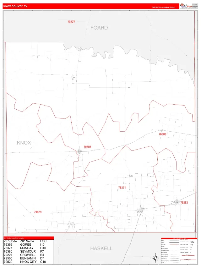 Knox County, TX ZIP Code Wall Map, RedLine style