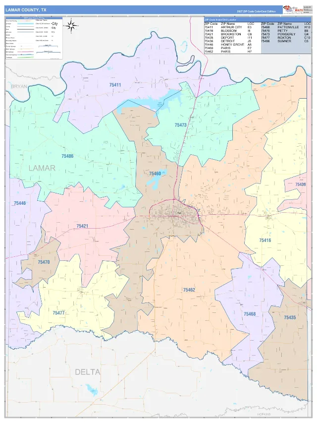 Lamar County, TX ZIP Code Wall Map, ColorCast style