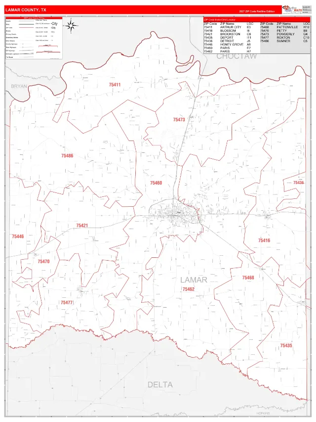 Lamar County, TX ZIP Code Wall Map, RedLine style
