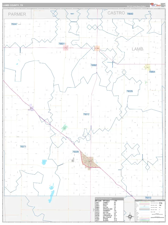 Lamb County, TX ZIP Code Wall Map, Classic style