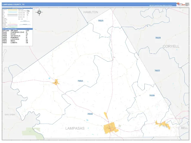 Lampasas County, TX ZIP Code Wall Map, Business Reference style