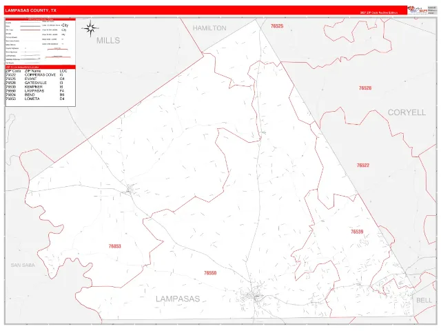Lampasas County, TX ZIP Code Wall Map, RedLine style