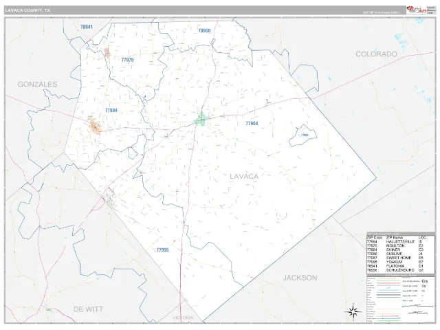 Lavaca County, TX ZIP Code Wall Map, Classic style