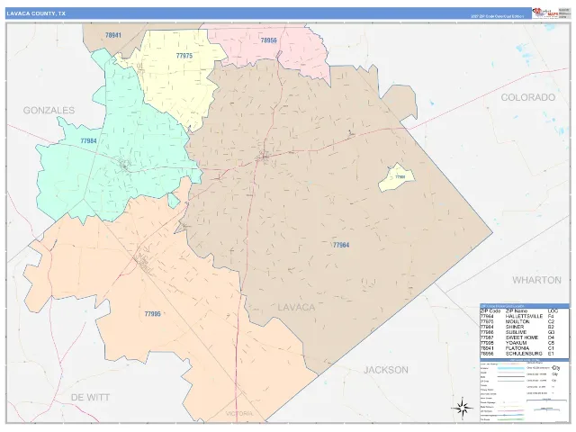 Lavaca County, TX ZIP Code Wall Map, ColorCast style