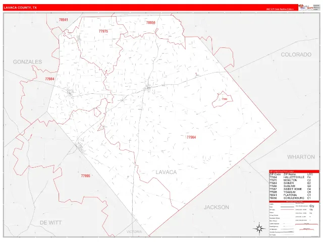 Lavaca County, TX ZIP Code Wall Map, RedLine style