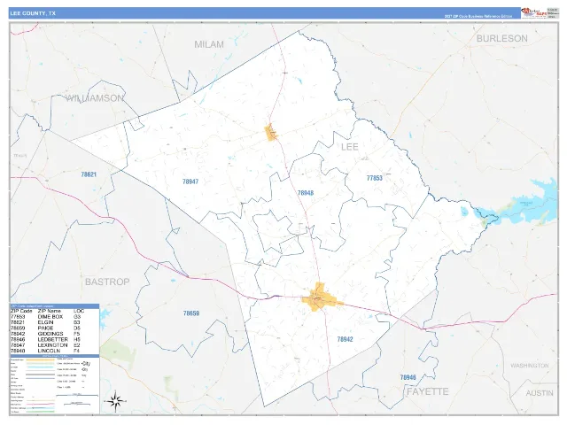 Lee County, TX ZIP Code Wall Map, Business Reference style