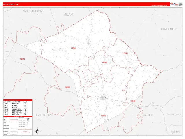 Lee County, TX ZIP Code Wall Map, RedLine style