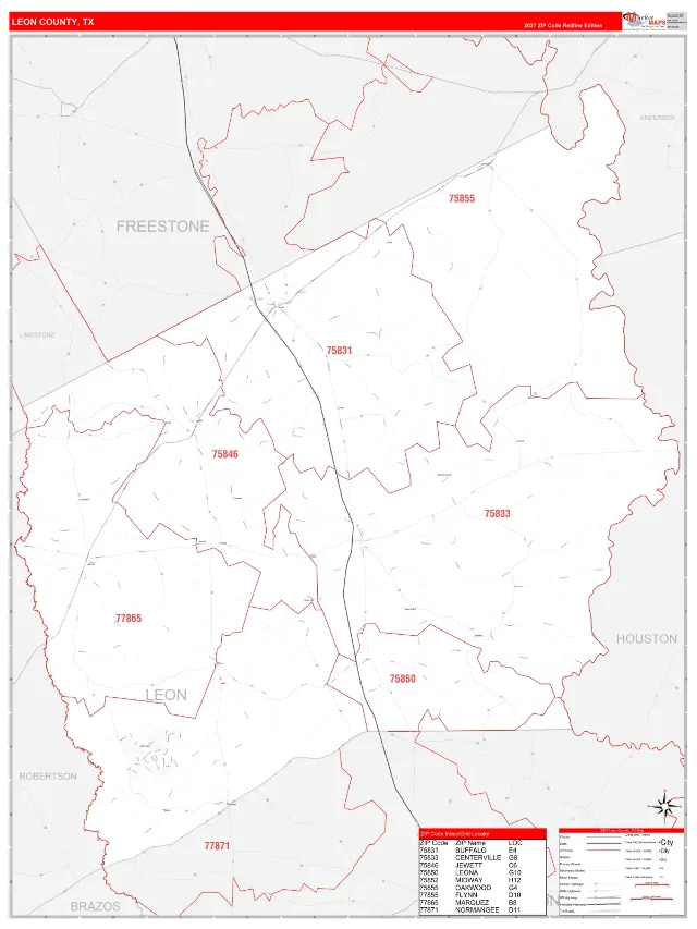Leon County, TX ZIP Code Wall Map, RedLine style