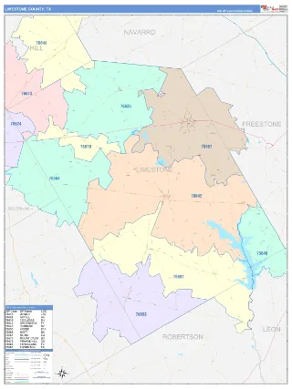 Limestone County, TX ColorCast style ZIP Code wall map