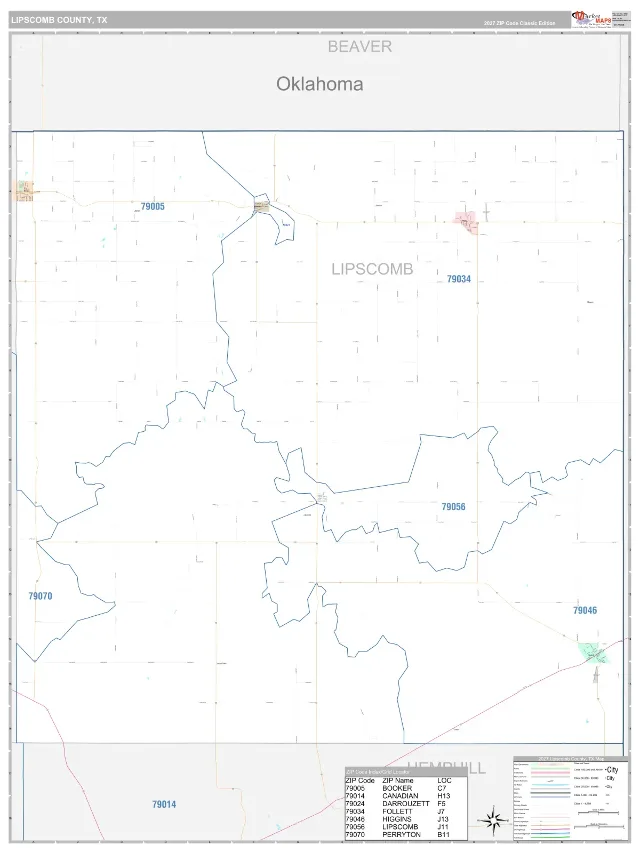 Lipscomb County, TX ZIP Code Wall Map, Classic style