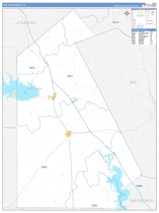 Live Oak County, TX ZIP Code Wall Map, Business Reference style