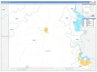 Llano County, TX Business Reference style ZIP Code wall map