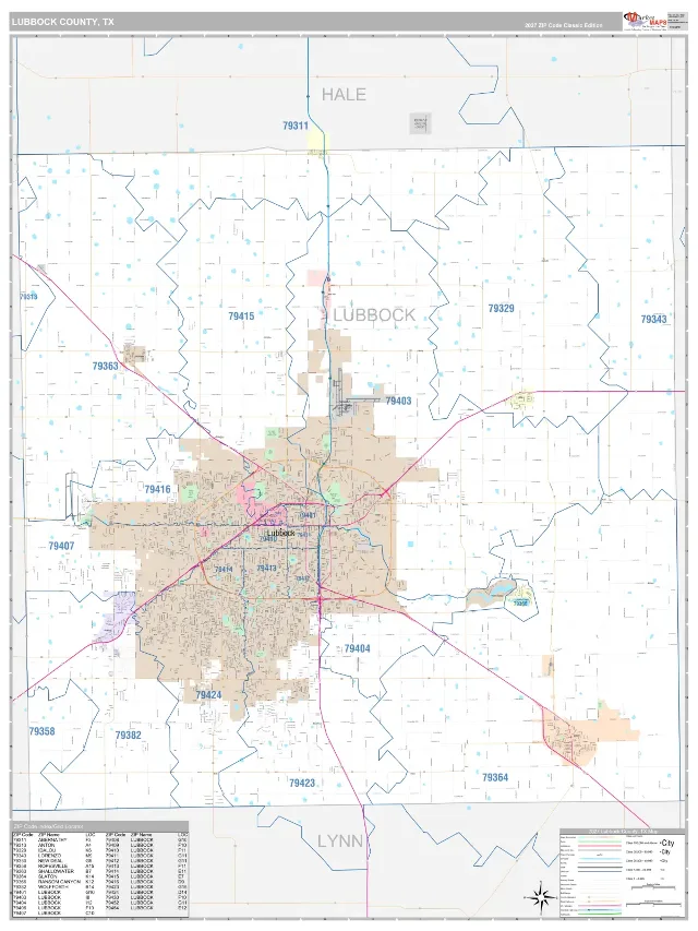 Lubbock County, TX ZIP Code Wall Map, Classic style