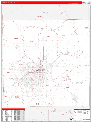 Lubbock County, TX RedLine style ZIP Code wall map