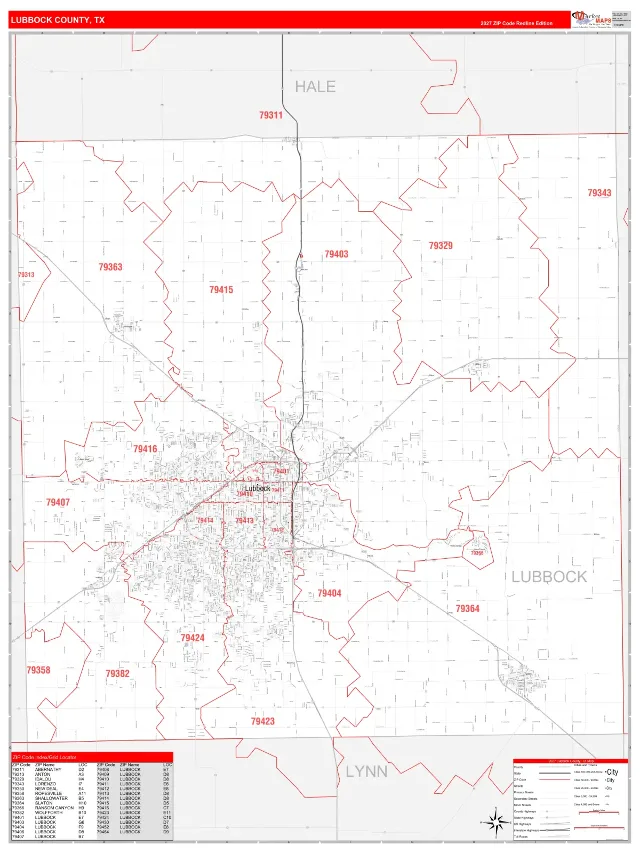 Lubbock County, TX ZIP Code Wall Map, RedLine style