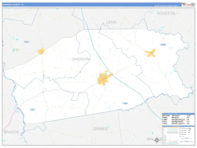 Madison County, TX ZIP Code Wall Map, Business Reference style