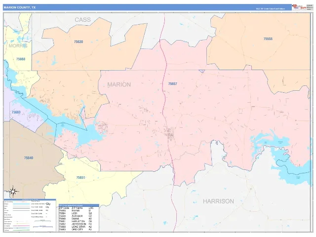 Marion County, TX ZIP Code Wall Map, ColorCast style