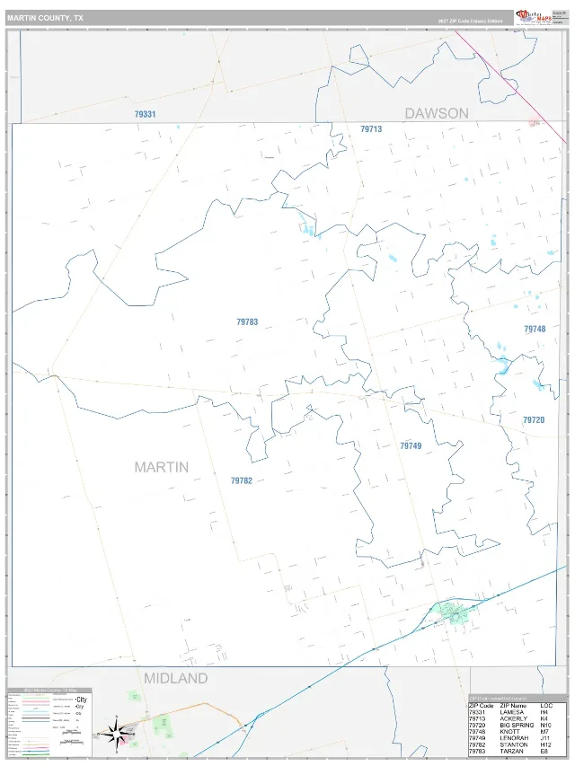 Martin County, TX ZIP Code Wall Map, Classic style